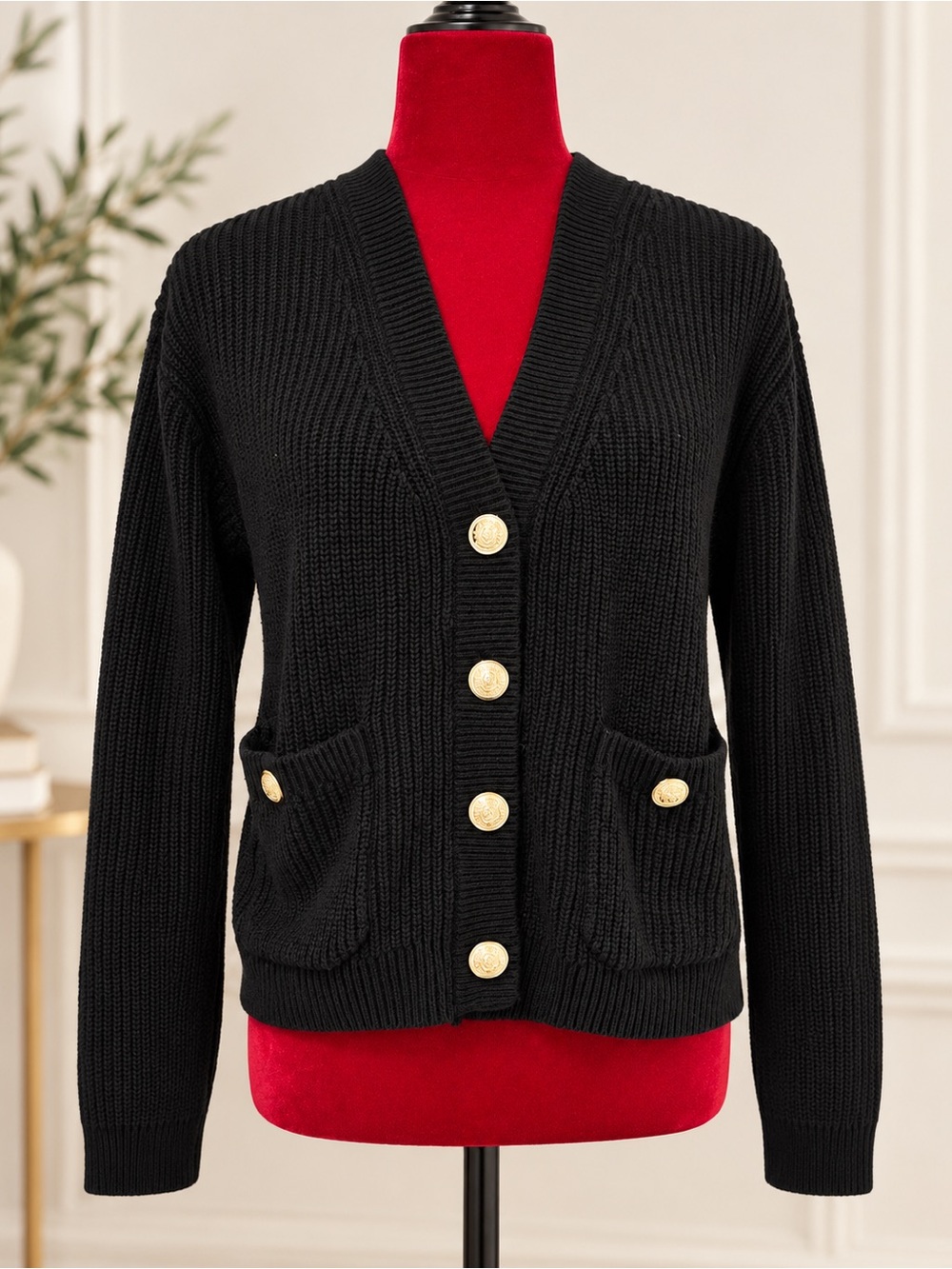 H&M Black Ribbed Cardigan with Gold Buttons S